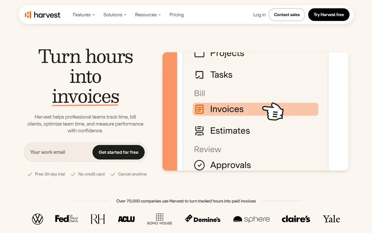 Harvest home page