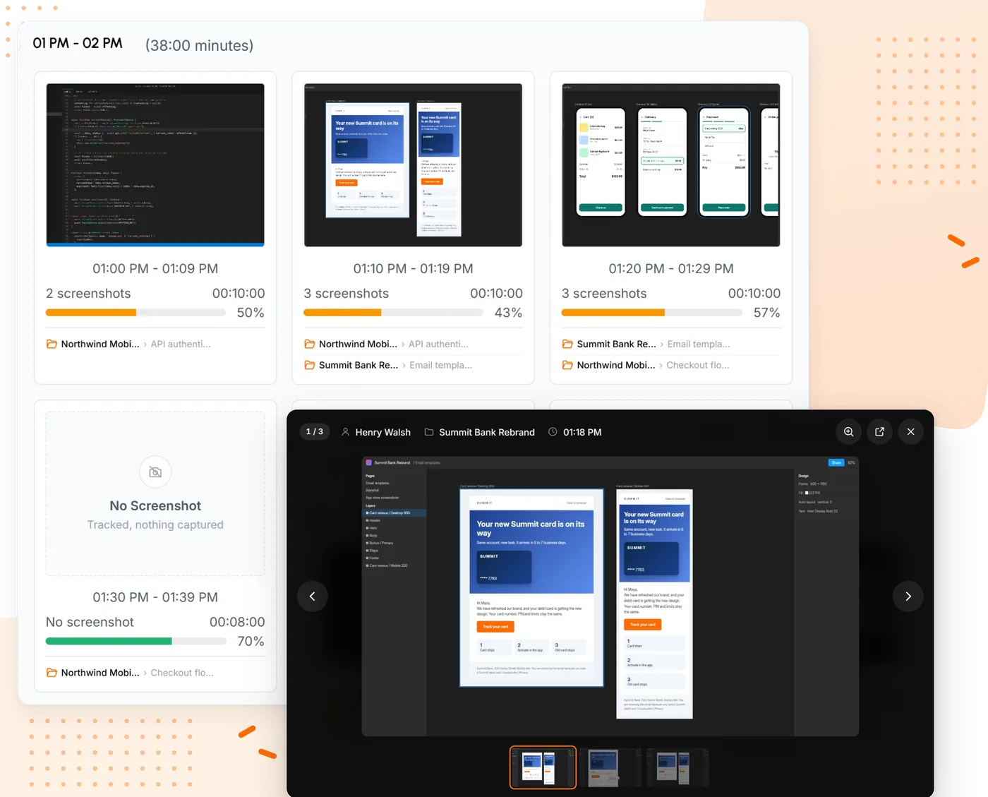 TimoDesk screenshots grouped into 10 minute blocks with tracked minutes and activity
