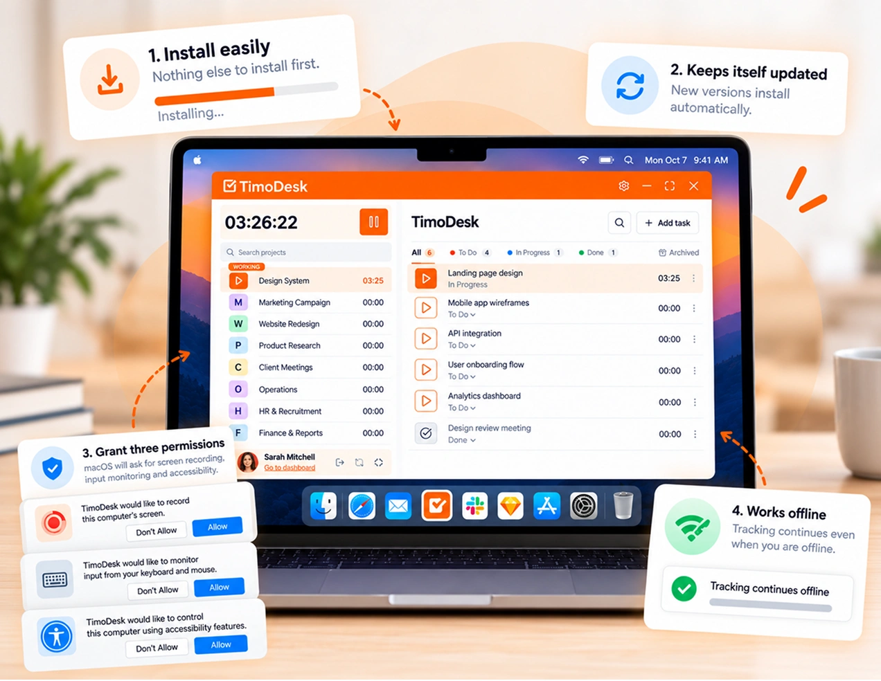 The TimoDesk desktop app tracking time on a task