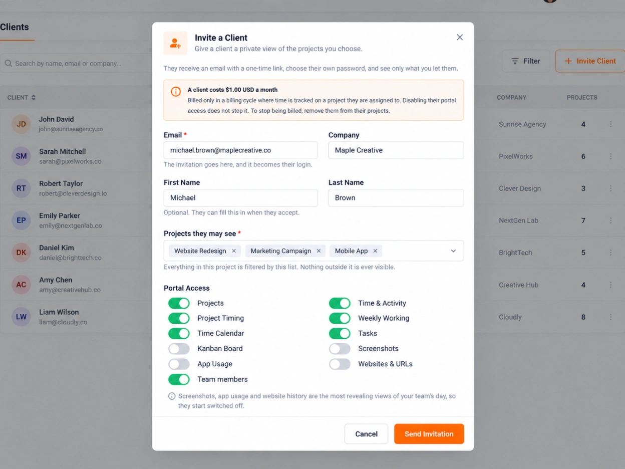 Inviting a client to the TimoDesk client portal and choosing their projects