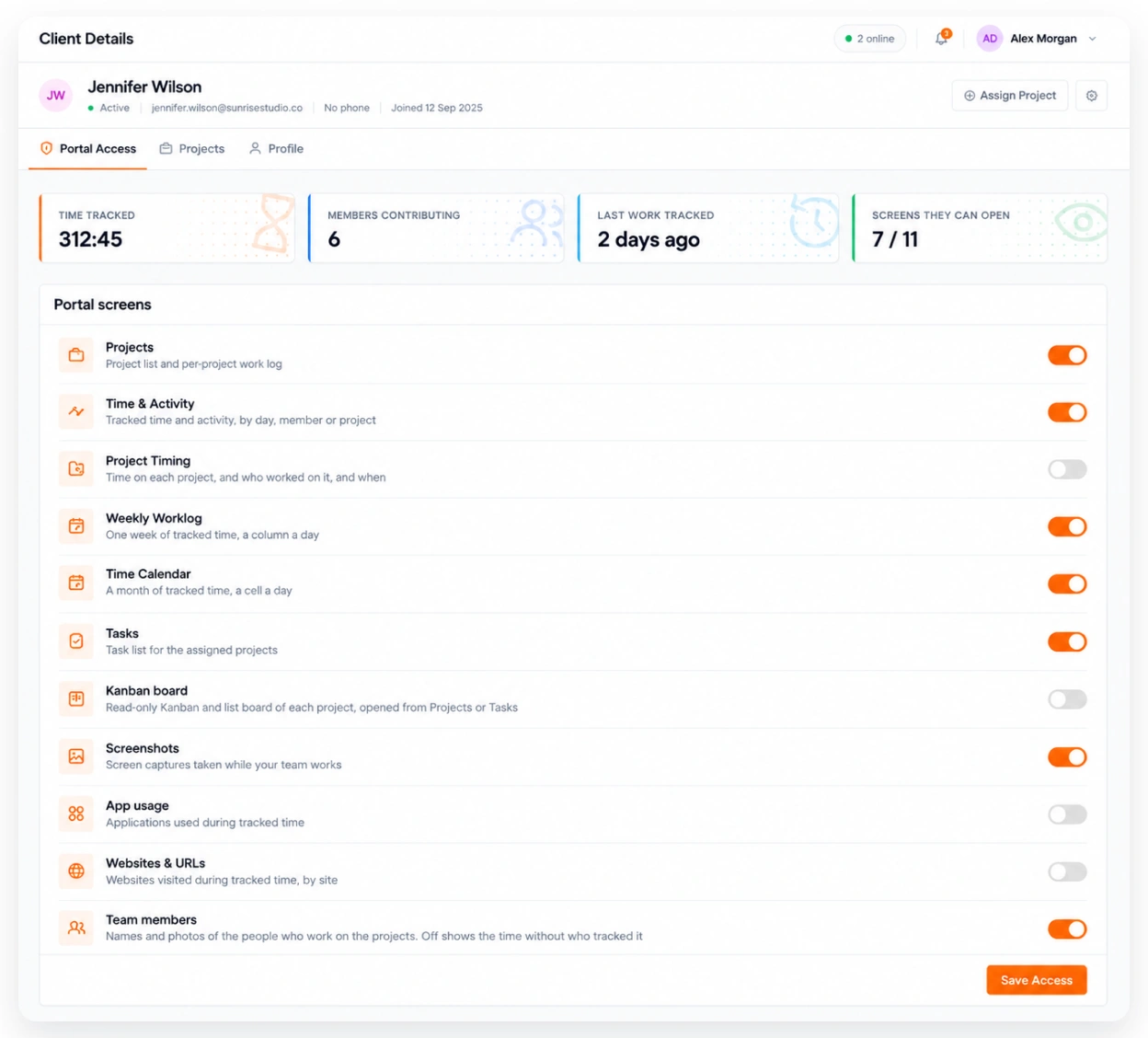 A client's dashboard in the TimoDesk client portal with hours and projects