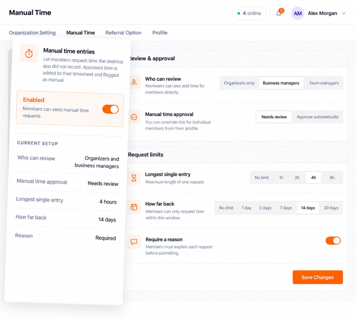 TimoDesk manual time settings with reviewer choice, approval mode, entry length and days back limits