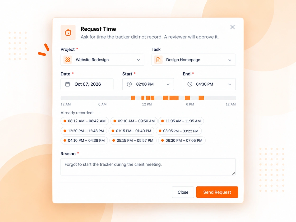 A member's manual time request form in the TimoDesk dashboard with project, date, start and end time, and a reason