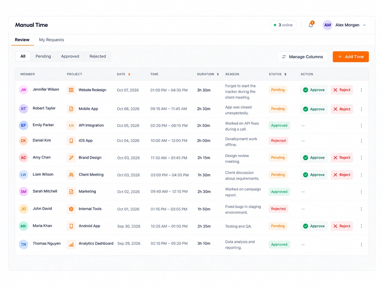 A reviewer's manual time queue in TimoDesk with pending requests and approve and reject buttons
