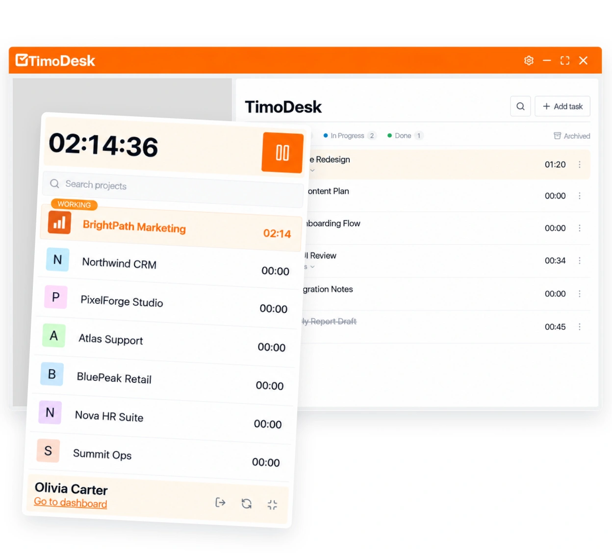 The TimoDesk desktop timer running against a task