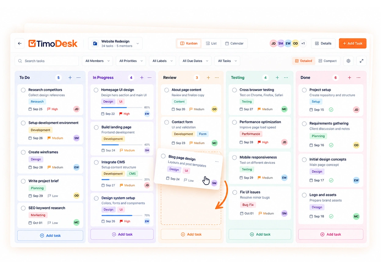 A TimoDesk project board with tasks spread across kanban columns