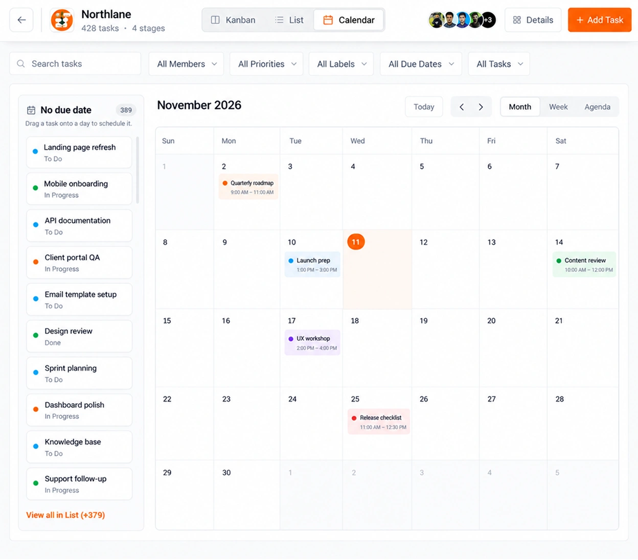 TimoDesk tasks on a calendar by due date, with undated tasks listed beside it