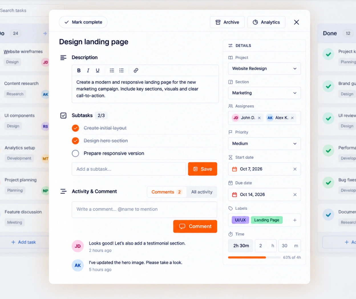 A TimoDesk task open with its estimate, tracked time, subtasks and comments