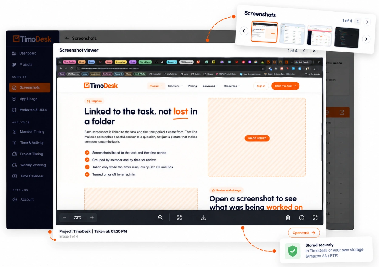 A TimoDesk screenshot opened to show the task it belongs to