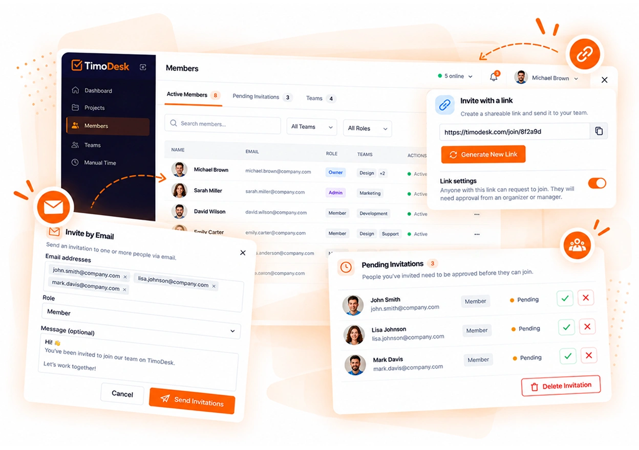 The TimoDesk member list with pending members and open invitations