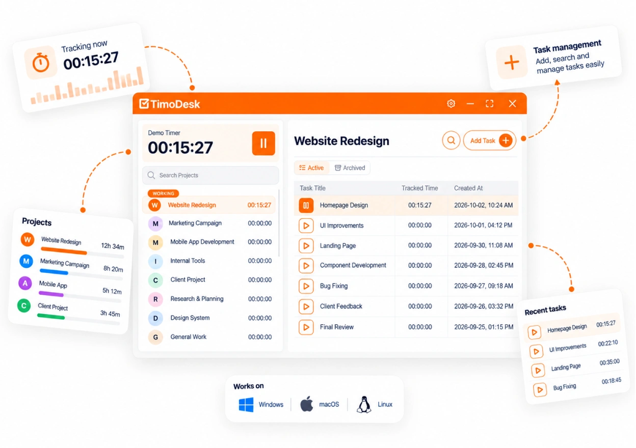 The TimoDesk desktop app with a timer running on a task and each task's tracked time listed