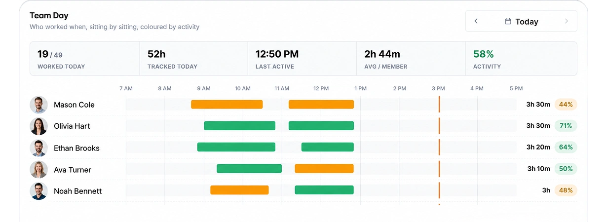 The TimoDesk team day view, showing when each member worked, colored by activity