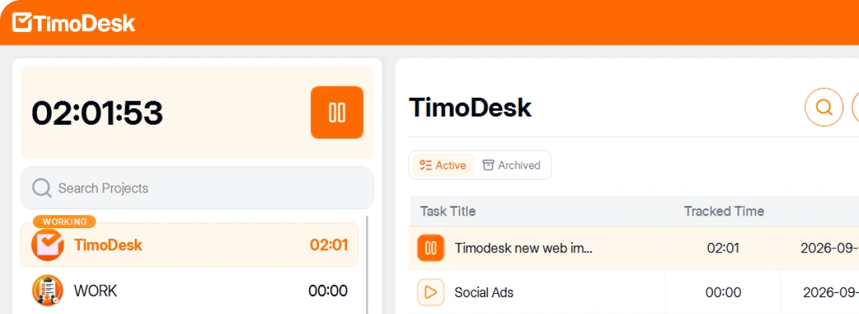 TimoDesk desktop app with a running timer