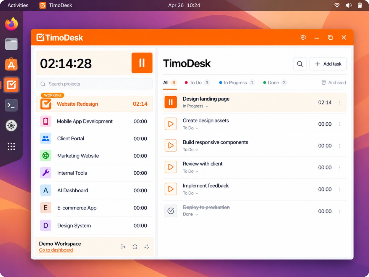 The TimoDesk desktop app tracking time on a task on a Linux desktop