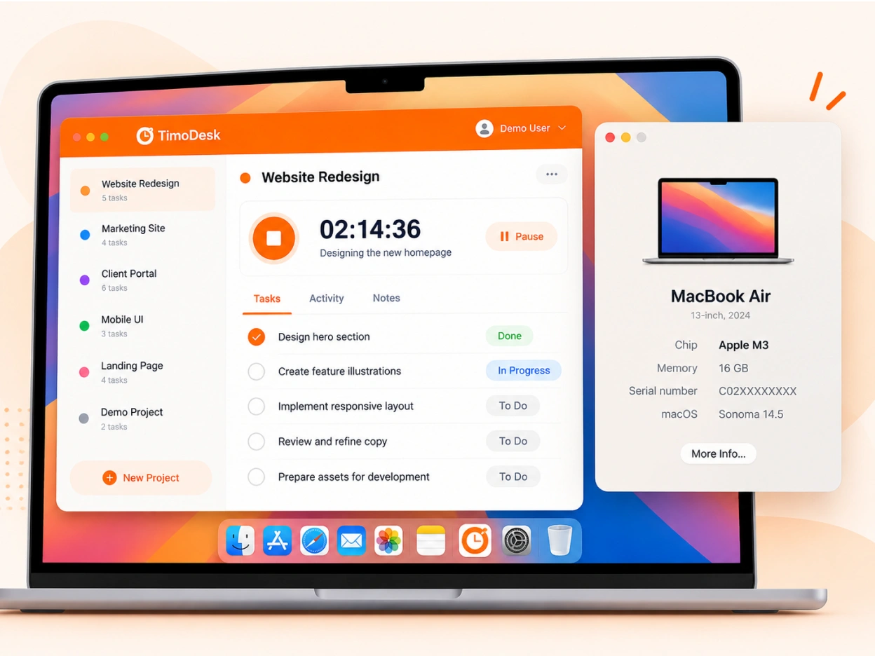 The About This Mac window showing an Apple M-series chip next to the TimoDesk app on macOS