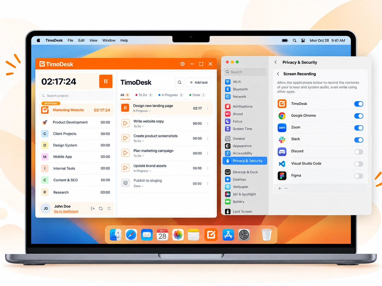 macOS System Settings with Screen Recording turned on for TimoDesk