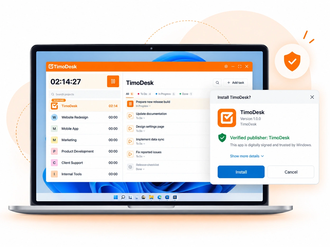The TimoDesk installer running on Windows 11 with the verified publisher shown