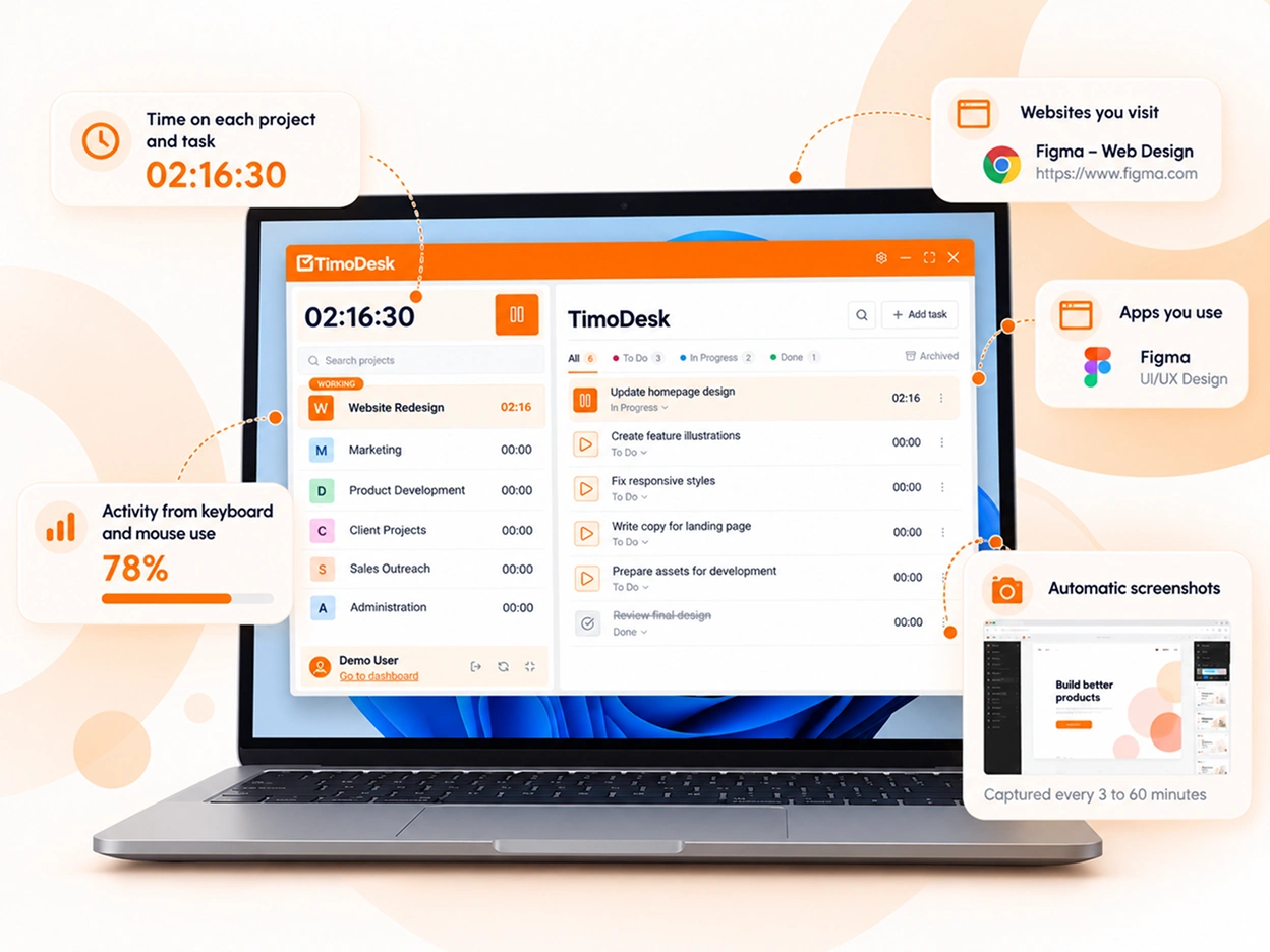 The TimoDesk desktop app on a Windows 11 desktop with the timer running on a task