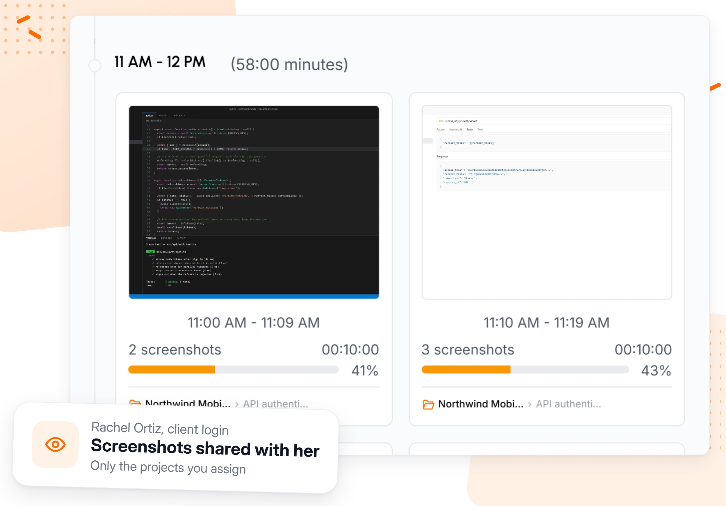 Client portal screen where a client login reviews screenshots from one hour of work on a shared project