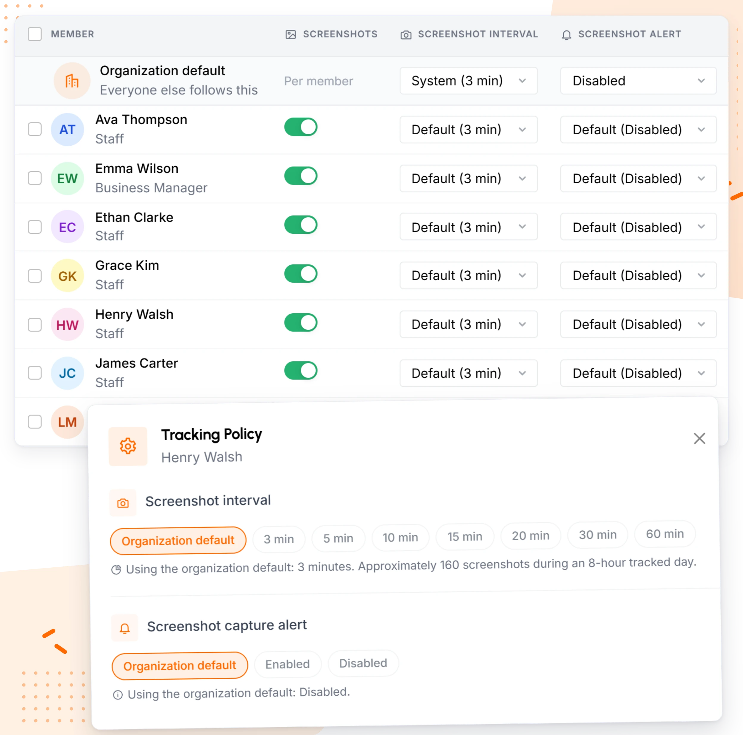 Screenshot interval settings for each team member, with interval choices from 3 to 60 minutes and an optional screenshot alert