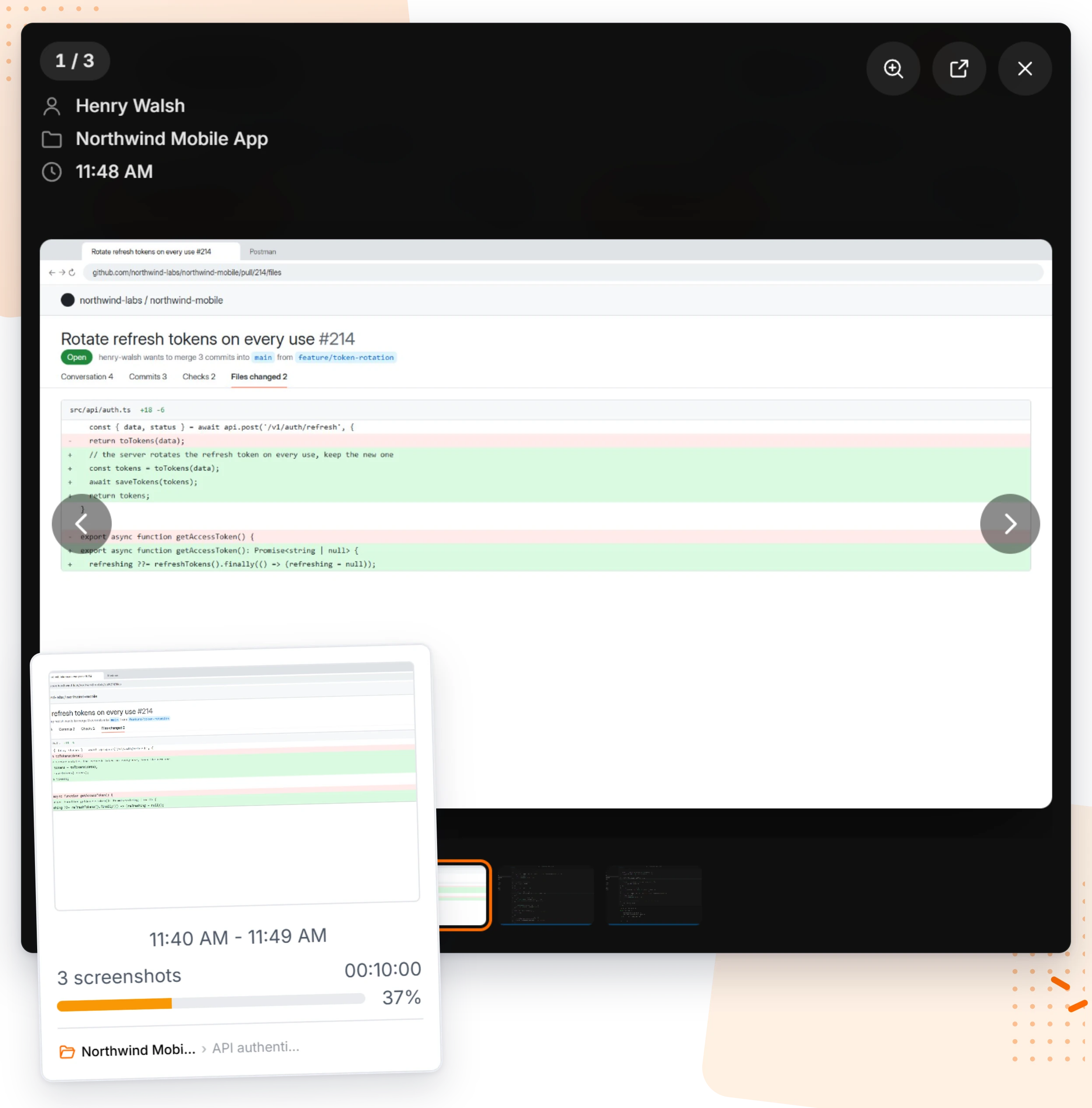 Screenshot monitoring viewer with one capture opened full size, showing the member name, project and capture time above the image