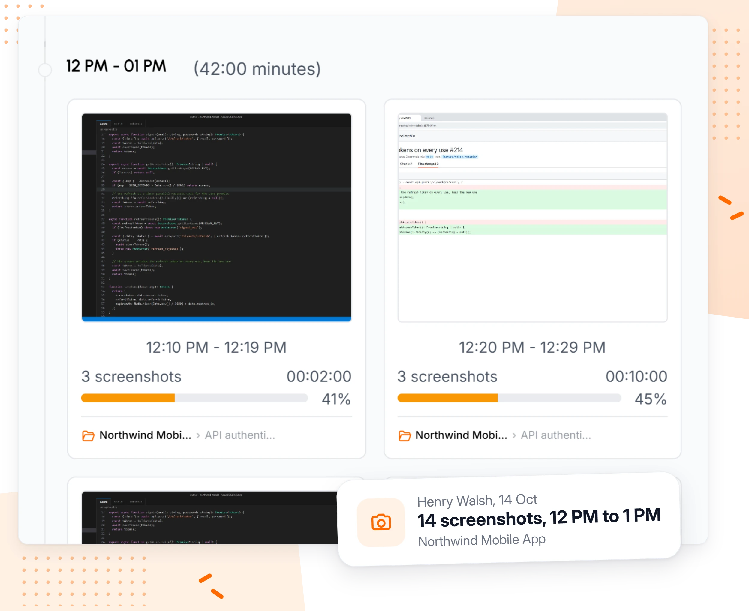 TimoDesk screenshots for one member from 12 PM to 1 PM, grouped in ten minute slots with project, task, time and activity level
