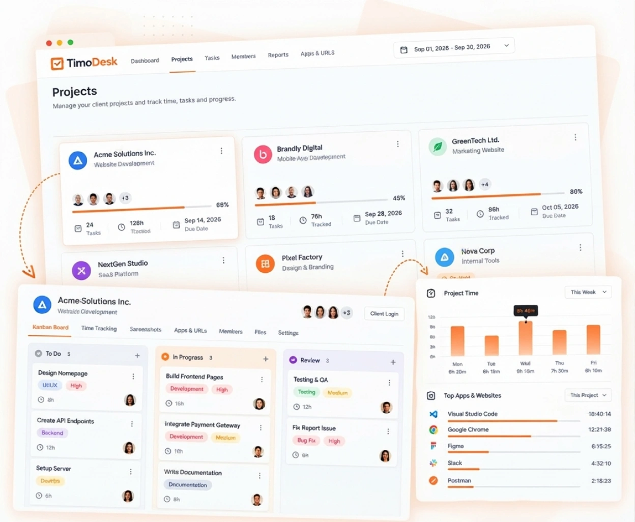 TimoDesk projects for several clients, with tracked hours side by side