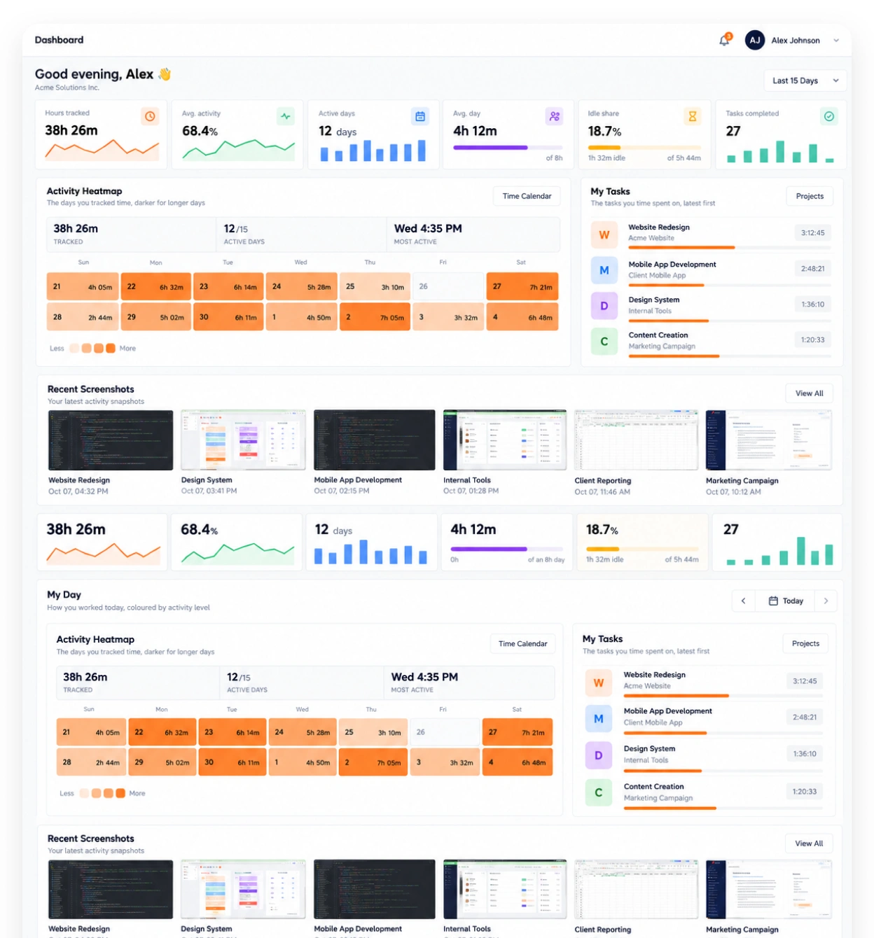 The TimoDesk dashboard with tracked hours, activity, apps, projects and recent screenshots