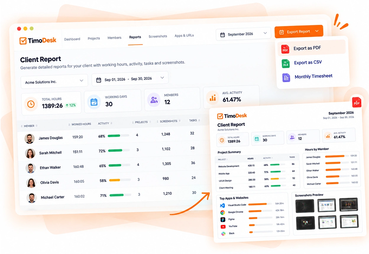 TimoDesk project report of hours and activity for one client