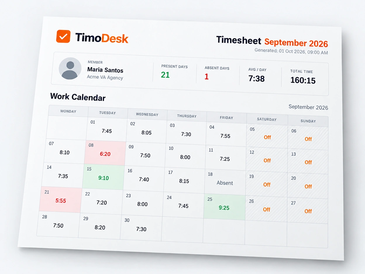 TimoDesk monthly timesheet PDF for one VA, with the hours tracked on each day of the month