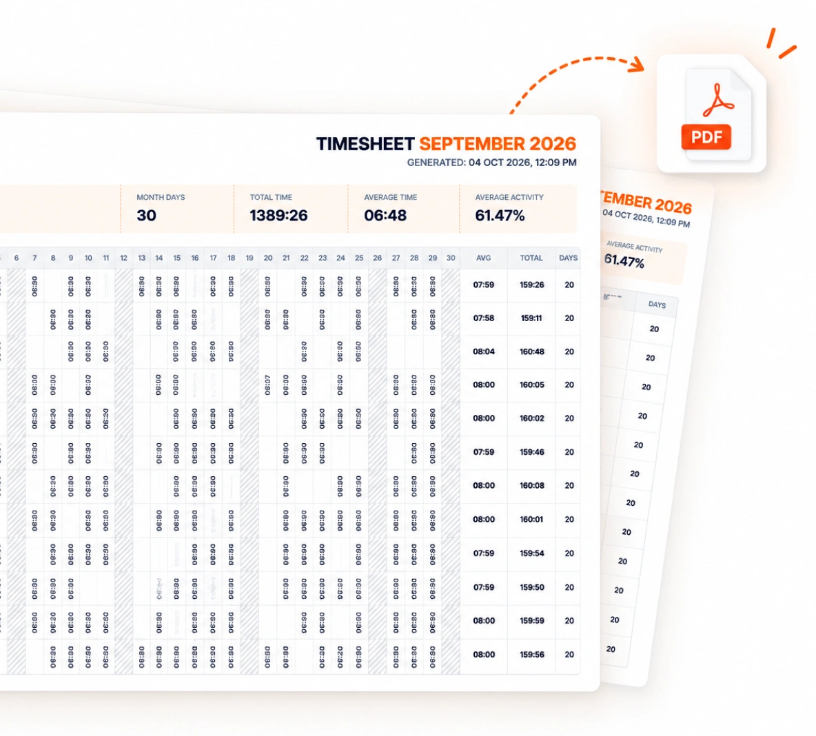 TimoDesk monthly timesheet built from tracked hours