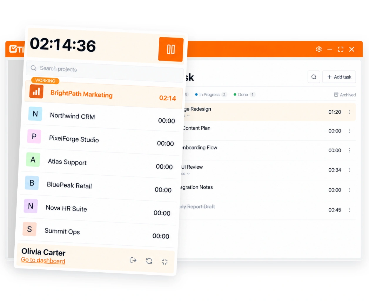 The TimoDesk desktop app with a timer running on a project