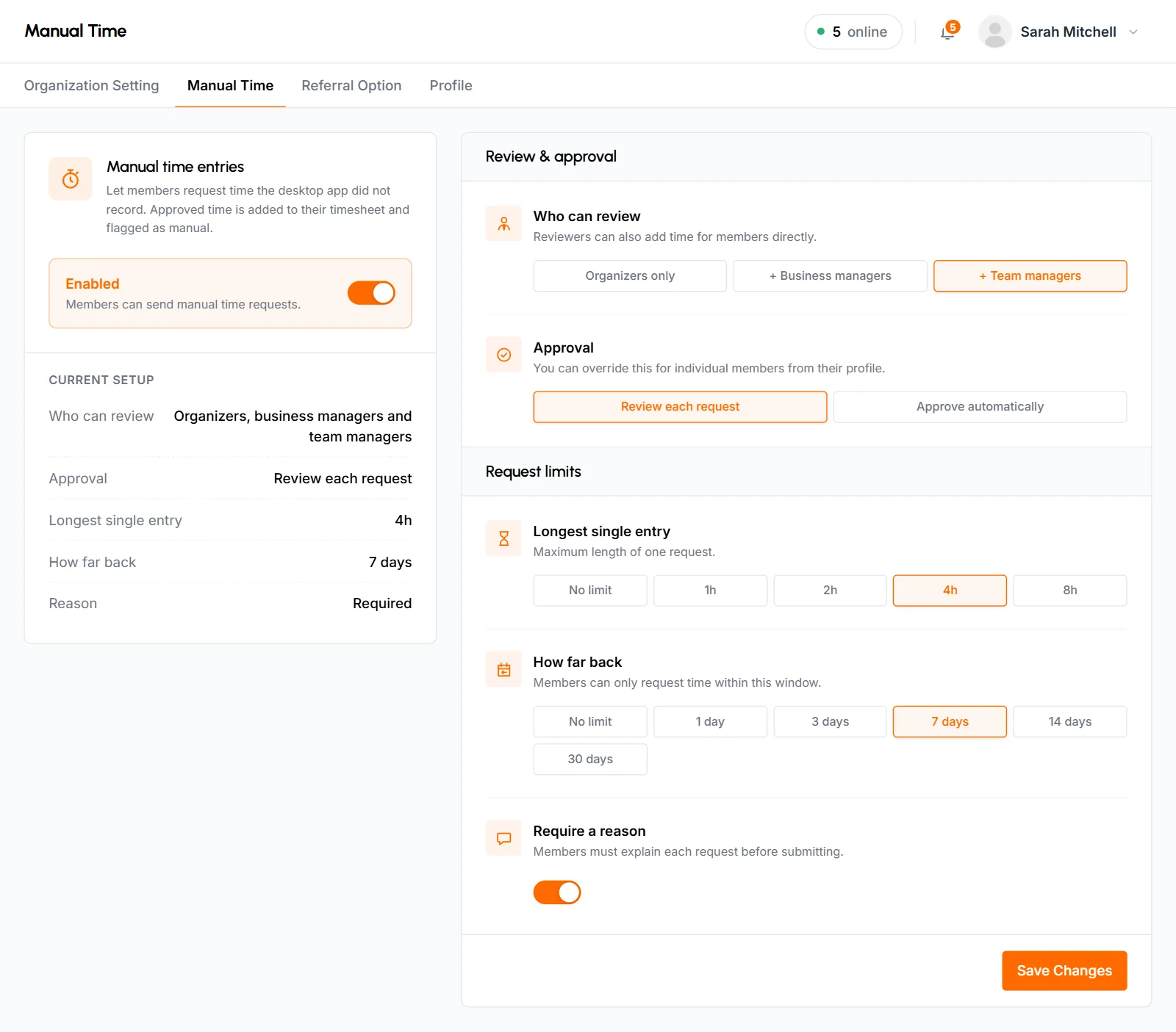 Manual Time tab with manual time entries enabled, the Current setup summary, review and approval options and request limits