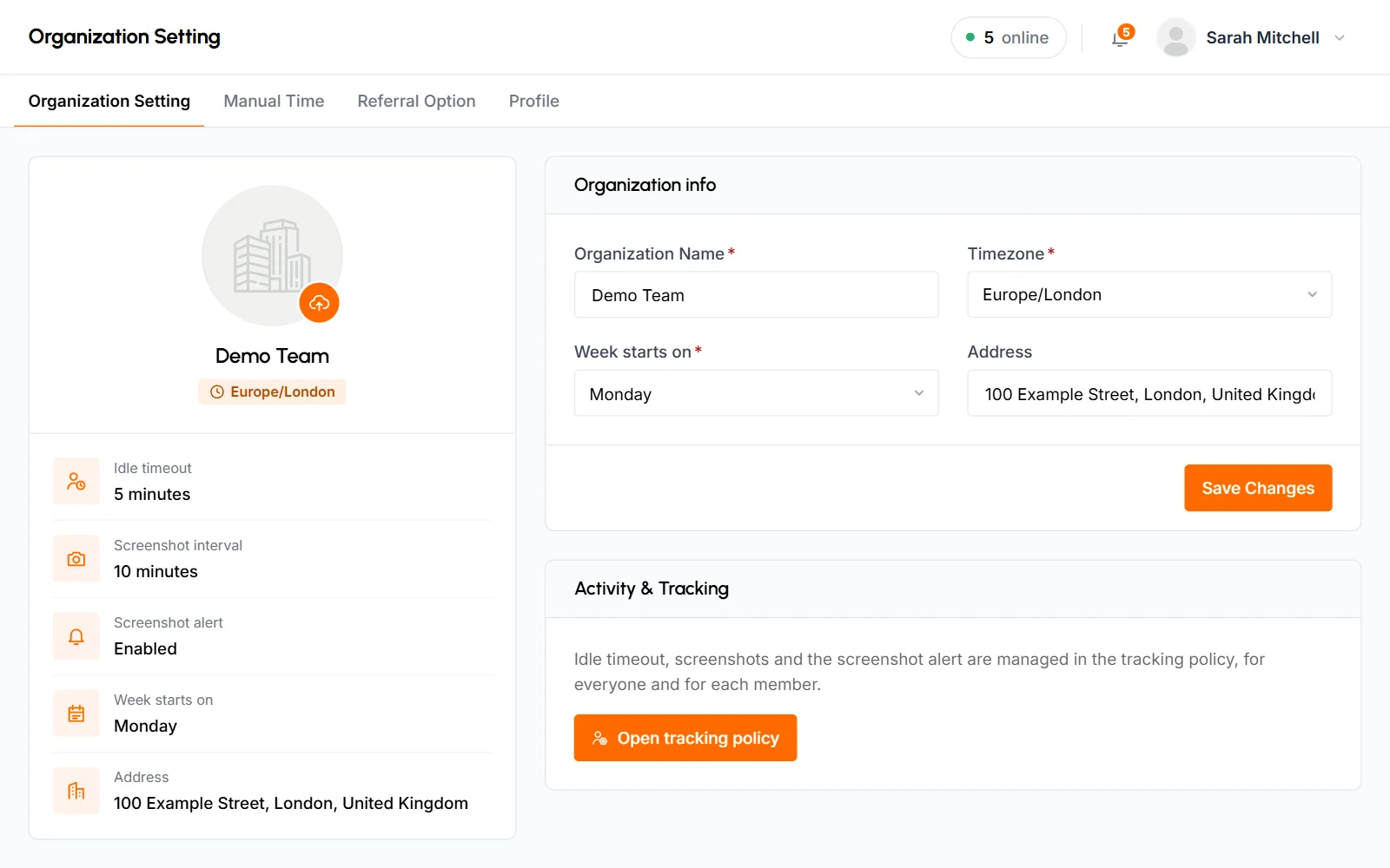 Organization Setting tab with the summary card, the Organization info form and the Activity and Tracking panel