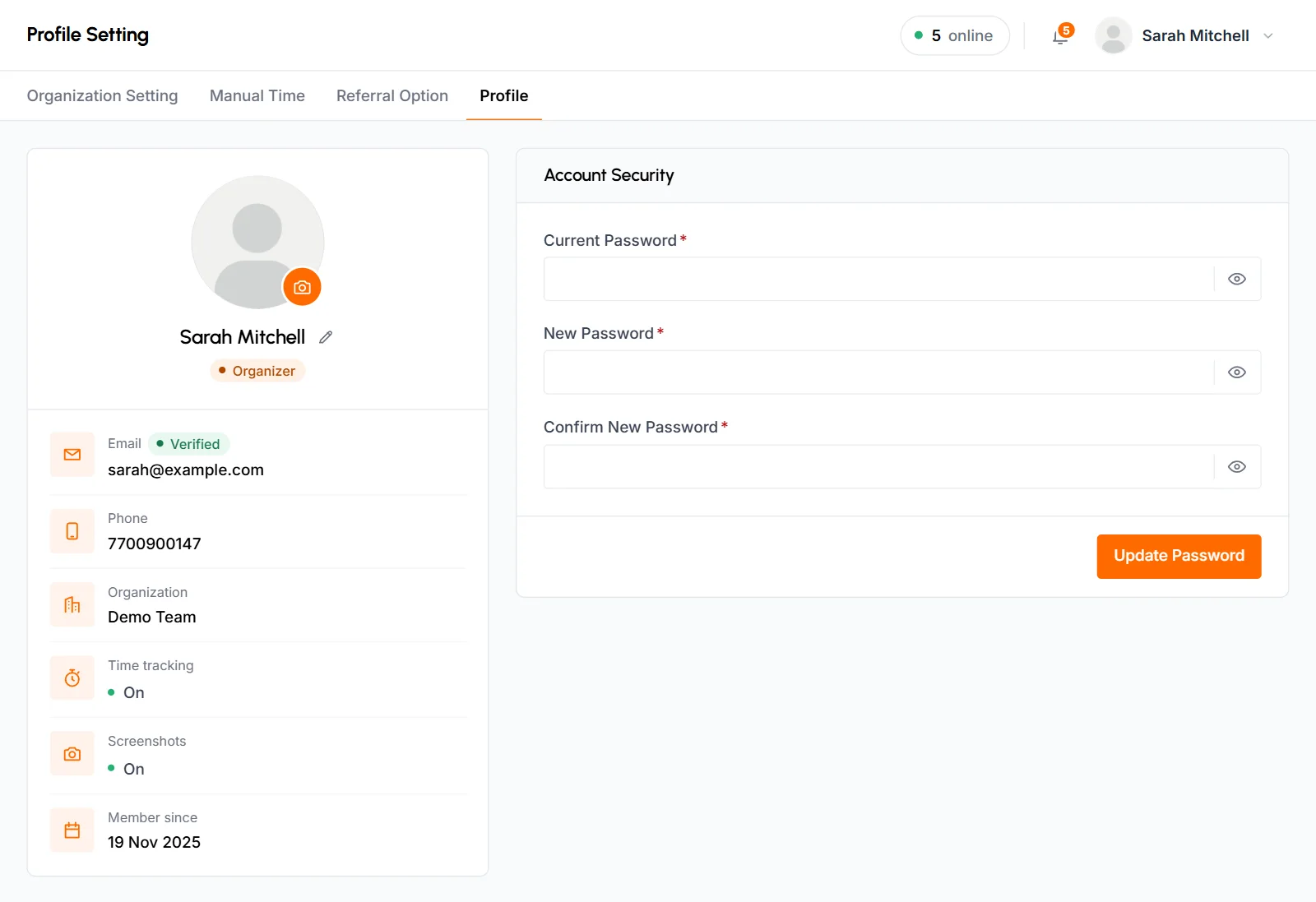 Profile tab with the photo, name, role and account details card next to the Account Security password form