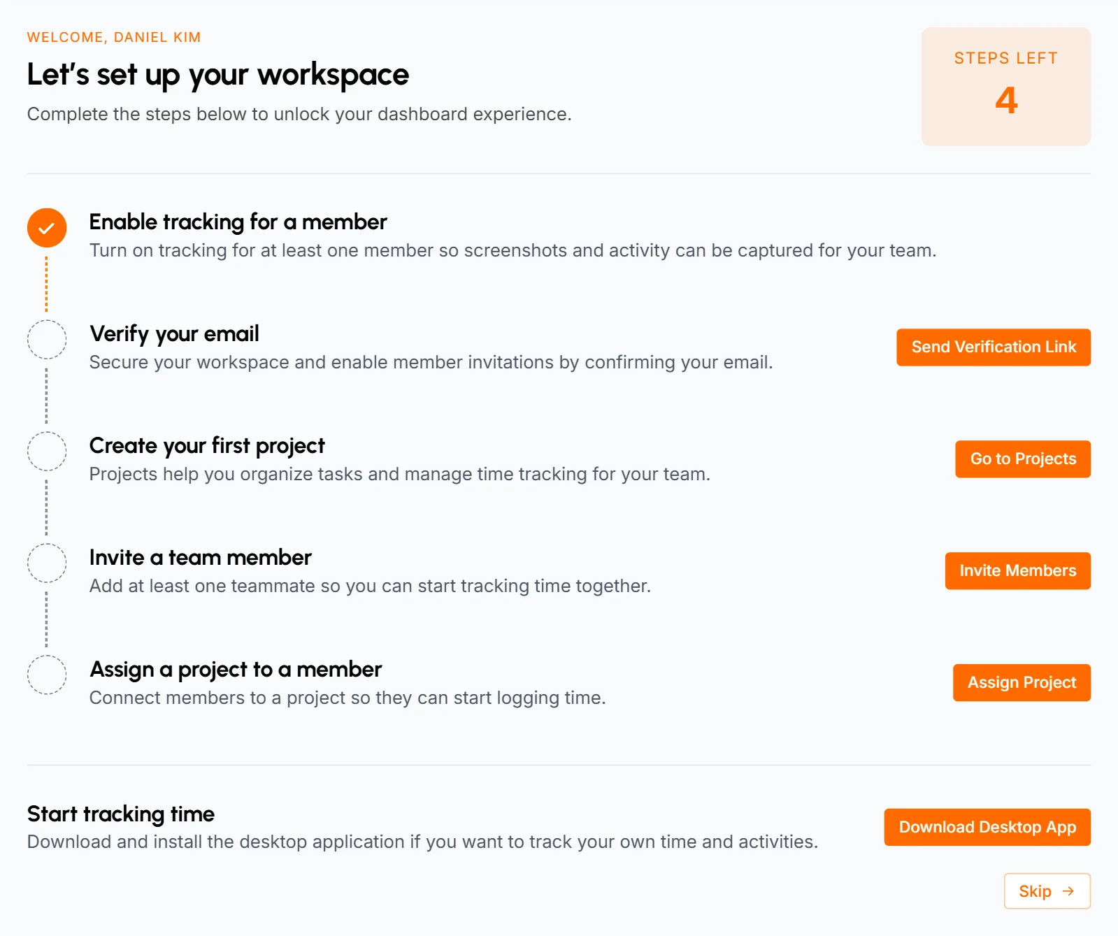 Setup checklist with 4 steps left, Enable tracking for a member checked off and a button for each open step