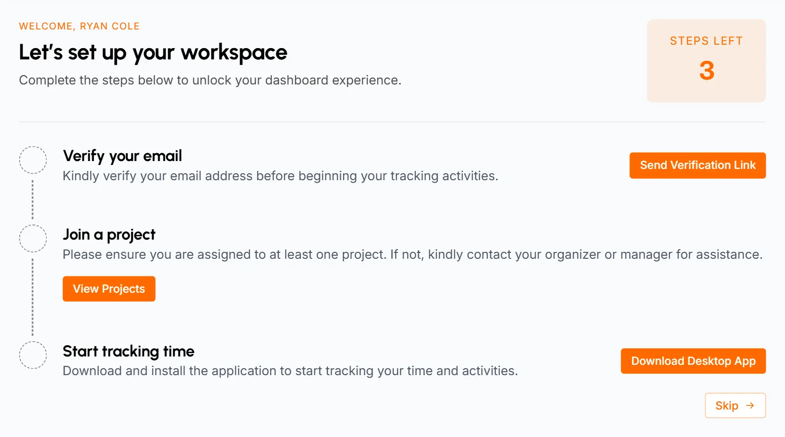 Staff setup checklist with 3 steps left: Verify your email, Join a project and Start tracking time