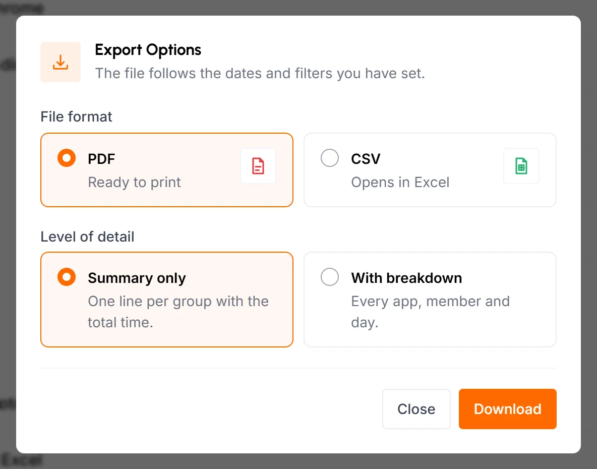 Export Options popup with PDF and CSV file formats and the Summary only and With breakdown levels of detail