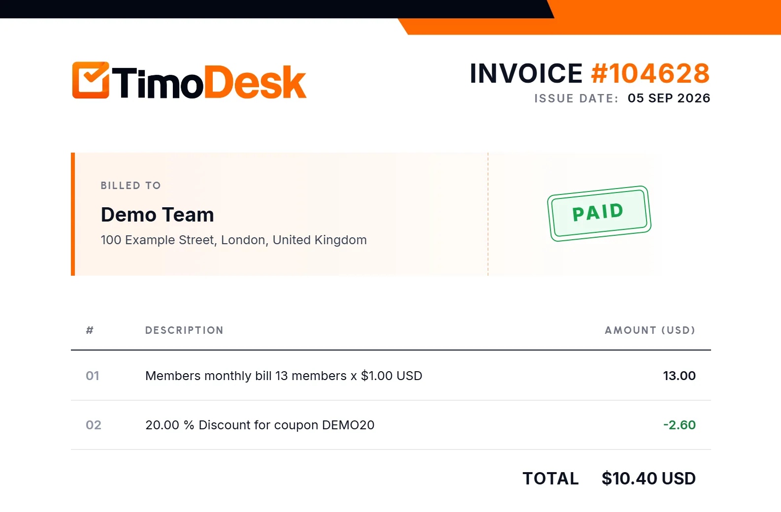 Top of a paid invoice PDF with the invoice number, issue date, Billed To, a Paid stamp, the bill and discount lines and the total