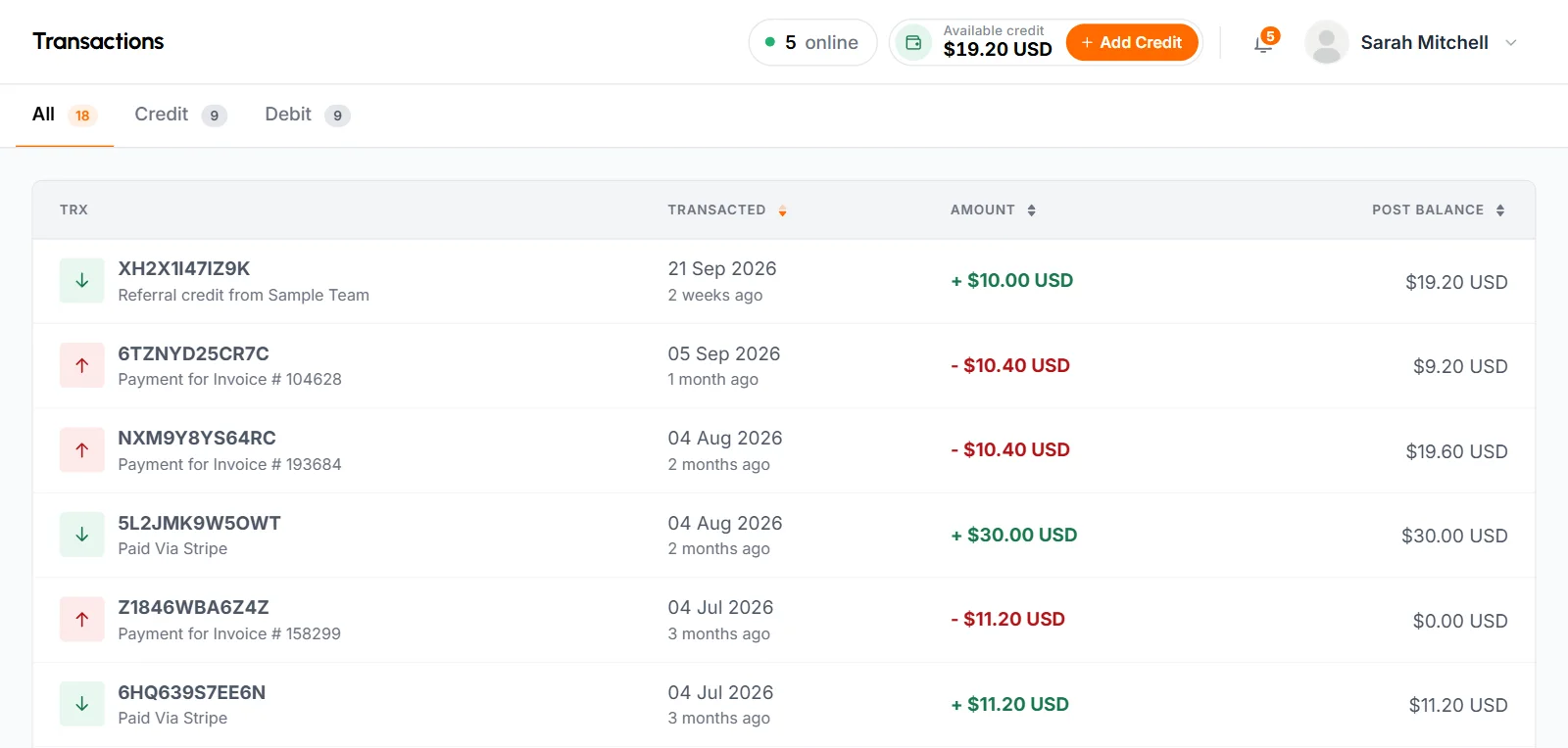 Transactions page on the All tab, with a referral credit and card payments in green, invoice payments in red and the post balance