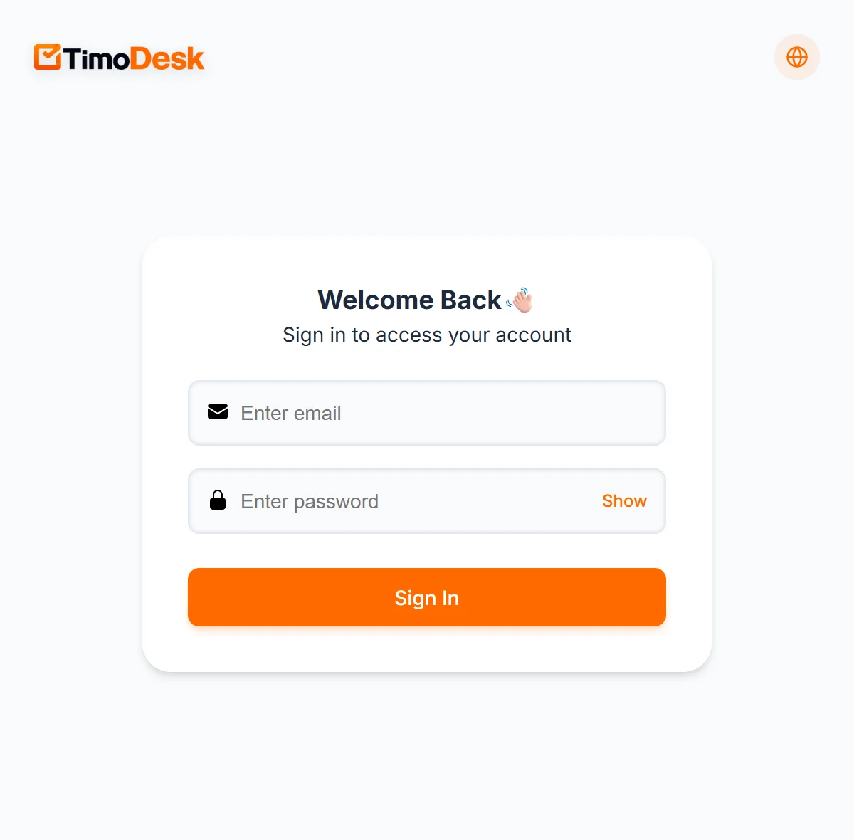TimoDesk browser extension sign-in screen with email and password fields and a Sign In button