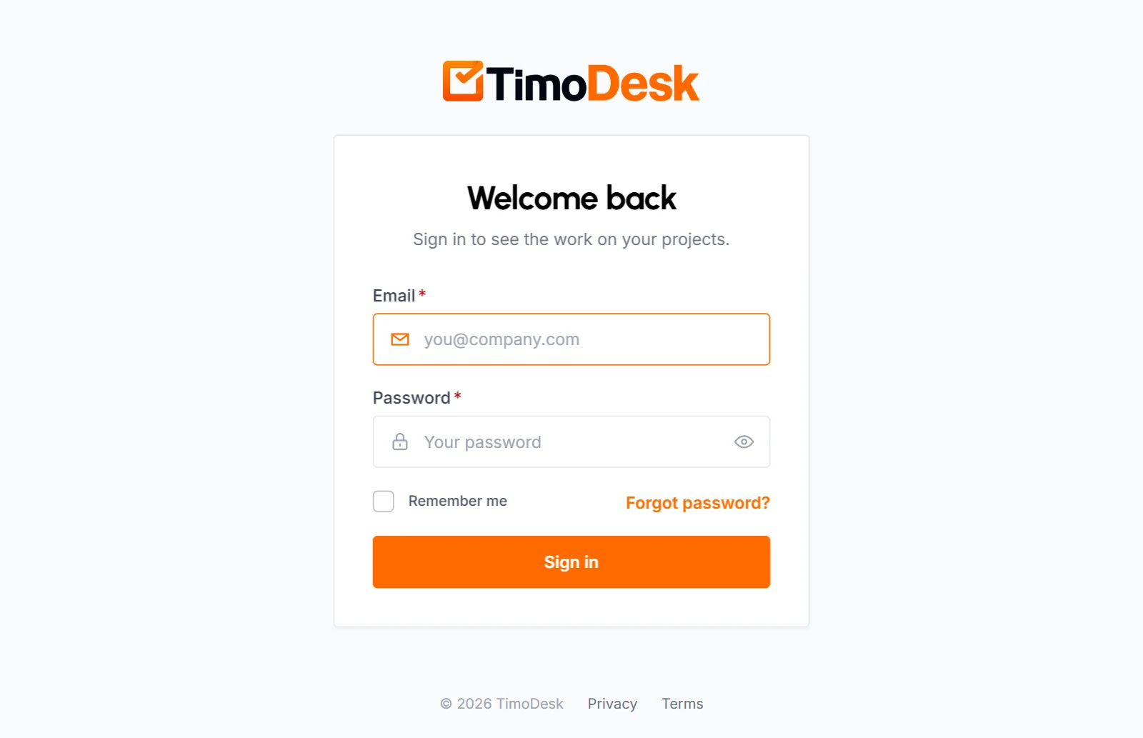 Client portal sign-in page with Email and Password fields, Remember me, Forgot password? and a Sign in button