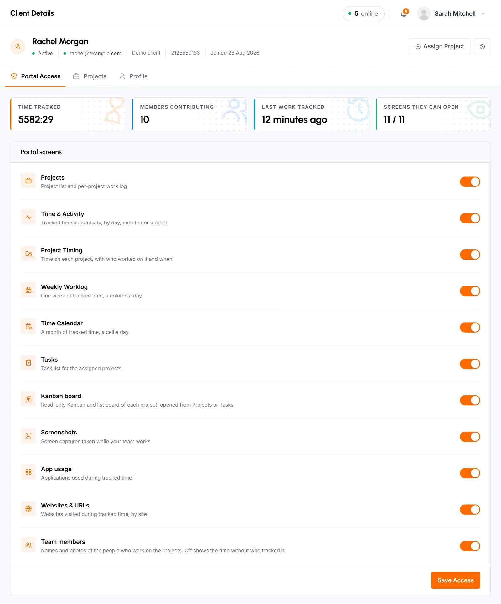 Client details page on the Portal Access tab, with summary cards and a switch for each portal screen