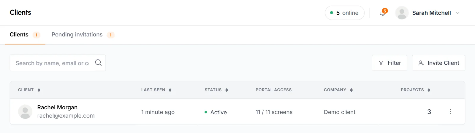 Clients page with one active client, her last sign-in, portal access count, company and 3 projects