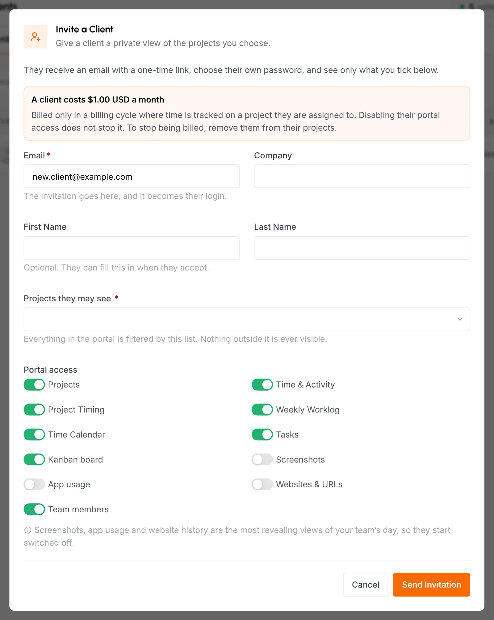 Invite a Client popup with Email, Company, name fields, Projects they may see and Portal access switches