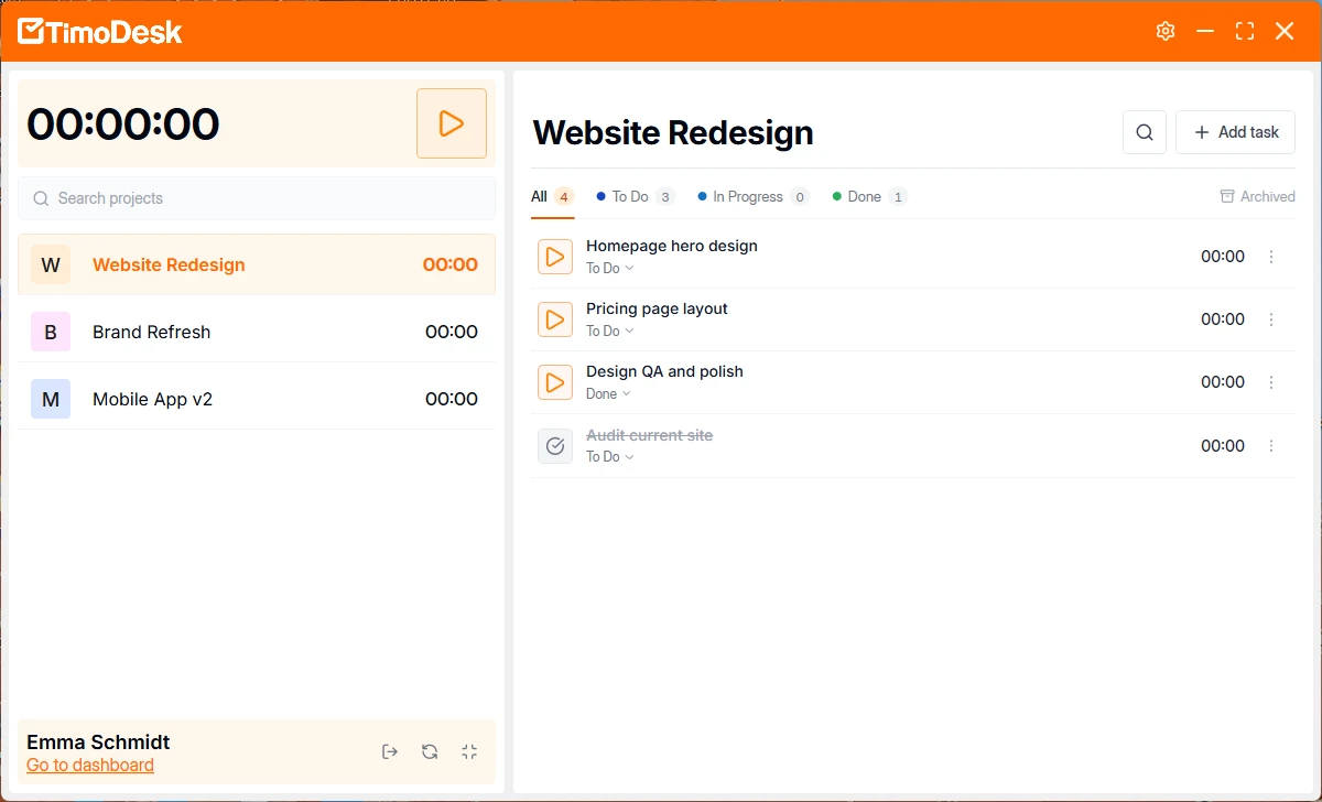 TimoDesk desktop app with the timer at the top left, the project list below it and the selected project's tasks on the right