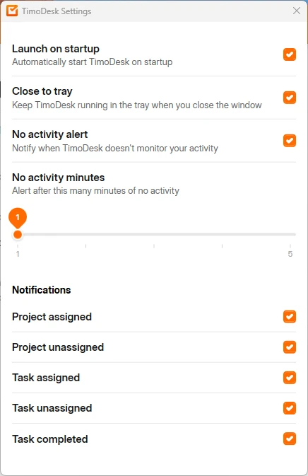 TimoDesk Settings window with startup, tray and no activity alert options, a minutes slider and notification check boxes