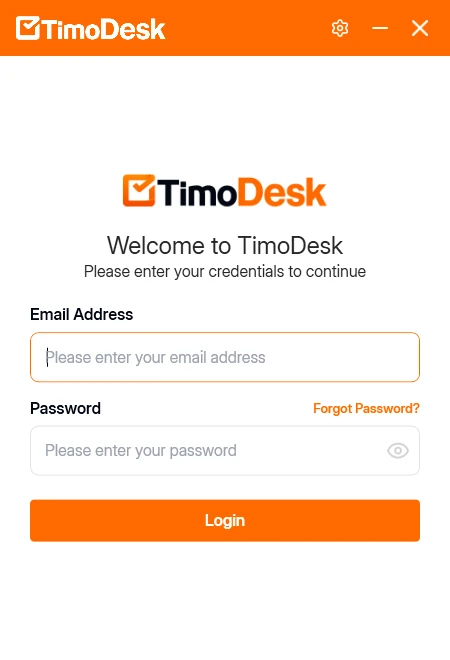 TimoDesk desktop app sign-in screen with Email Address and Password fields, a Forgot Password link and the Login button