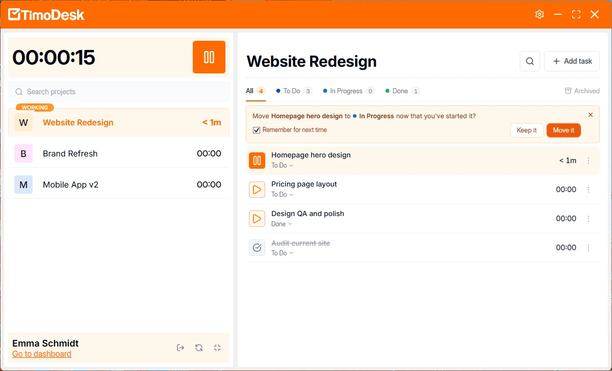 TimoDesk desktop app with the timer running on a task and a prompt asking to move the task to In Progress
