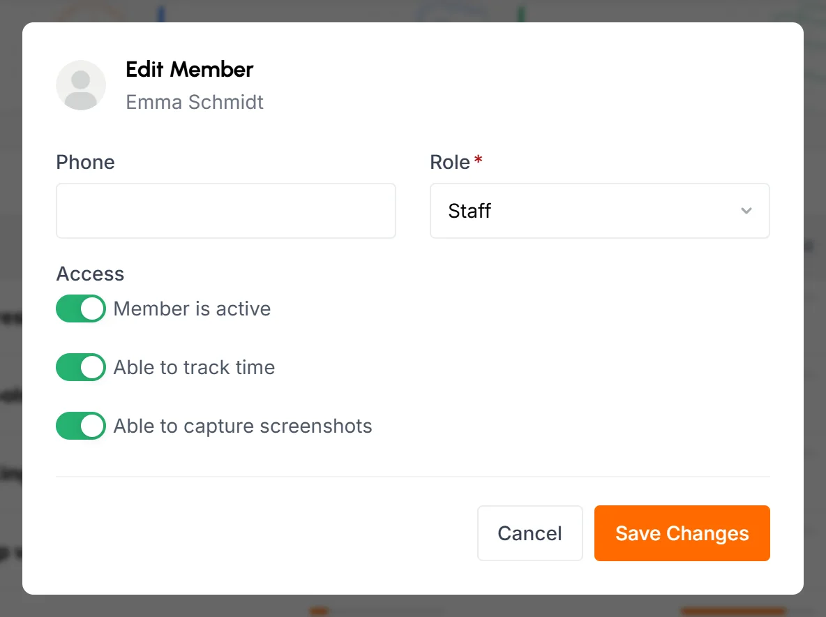 Edit Member popup with Phone and Role fields and switches for Member is active, Able to track time and Able to capture screenshots